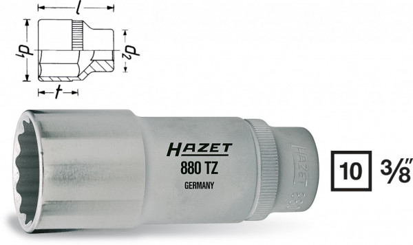 Hlavice nástrčná 3/8" 12mm - 12hran prodloužená, HAZET 880TZ-12