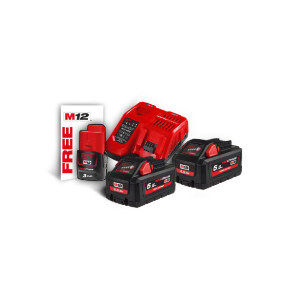 Sada akumulátorů a nabíječky 12V 1x 3,0Ah + 18V 2x 5,5Ah High Output, Milwaukee 4933464713