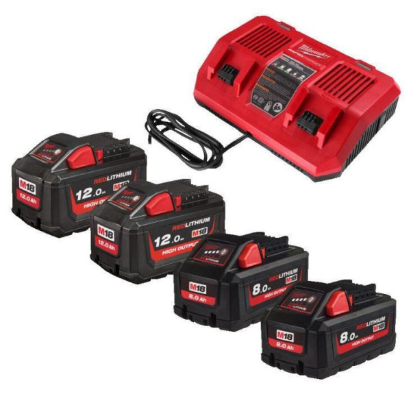 Sada akumulátorů a dvojnabíječky 18V 2x 8,0Ah + 2x 12Ah High Output, Milwaukee 4932492934